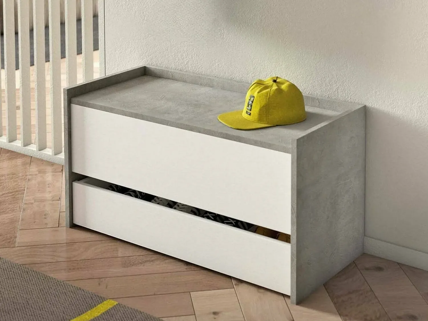 Móvel De Arrumação|Sapateira*Dmora Baú Dgaiard, Móvel de entrada moderno com sapateira, Baú com dois contêineres, 100% Fabricado na Itália, 90x40h46 cm, e Cimento Branco