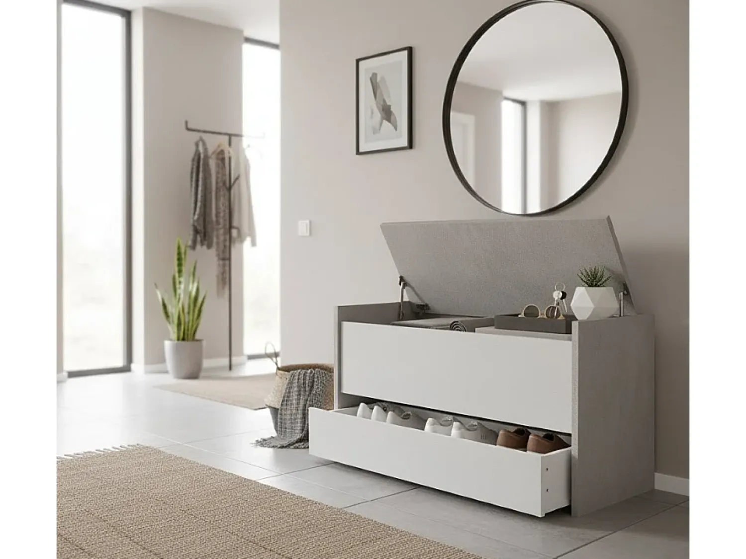 Móvel De Arrumação|Sapateira*Dmora Baú Dgaiard, Móvel de entrada moderno com sapateira, Baú com dois contêineres, 100% Fabricado na Itália, 90x40h46 cm, e Cimento Branco
