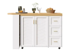 Merax Balcão de cozinha extensível com rodízios - 135-228 x 39 x 104 cm - com 2 portas + 3 gavetas - MDF + metal -^ Móvel De Bar