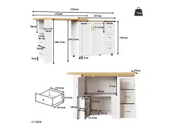 Merax Balcão de cozinha extensível com rodízios - 135-228 x 39 x 104 cm - com 2 portas + 3 gavetas - MDF + metal -^ Móvel De Bar