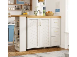 Merax Balcão de cozinha extensível com rodízios - 135-228 x 39 x 104 cm - com 2 portas + 3 gavetas - MDF + metal -^ Móvel De Bar