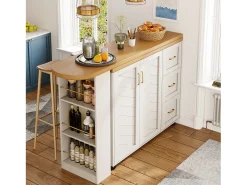 Merax Balcão de cozinha extensível com rodízios - 135-228 x 39 x 104 cm - com 2 portas + 3 gavetas - MDF + metal -^ Móvel De Bar