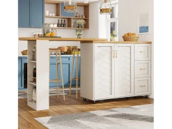 Merax Balcão de cozinha extensível com rodízios - 135-228 x 39 x 104 cm - com 2 portas + 3 gavetas - MDF + metal -^ Móvel De Bar