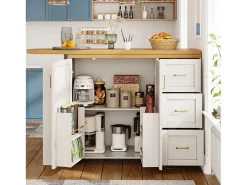 Merax Balcão de cozinha extensível com rodízios - 135-228 x 39 x 104 cm - com 2 portas + 3 gavetas - MDF + metal -^ Móvel De Bar
