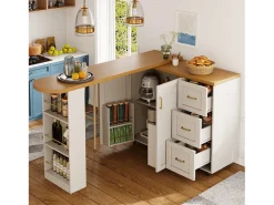 Merax Balcão de cozinha extensível com rodízios - 135-228 x 39 x 104 cm - com 2 portas + 3 gavetas - MDF + metal -^ Móvel De Bar