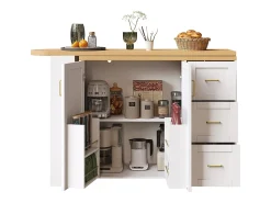 Merax Balcão de cozinha extensível com rodízios - 135-228 x 39 x 104 cm - com 2 portas + 3 gavetas - MDF + metal -^ Móvel De Bar
