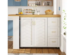 Merax Balcão de cozinha extensível com rodízios - 135-228 x 39 x 104 cm - com 2 portas + 3 gavetas - MDF + metal -^ Móvel De Bar