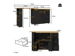 Outlet Merax Balcão de cozinha extensível com rodízios - 135-228 x 39 x 104 cm - com 2 portas + 3 gavetas - MDF + metal - Preto