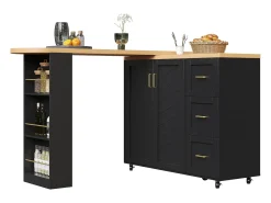 Outlet Merax Balcão de cozinha extensível com rodízios - 135-228 x 39 x 104 cm - com 2 portas + 3 gavetas - MDF + metal - Preto