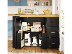 Outlet Merax Balcão de cozinha extensível com rodízios - 135-228 x 39 x 104 cm - com 2 portas + 3 gavetas - MDF + metal - Preto