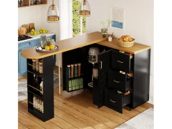 Outlet Merax Balcão de cozinha extensível com rodízios - 135-228 x 39 x 104 cm - com 2 portas + 3 gavetas - MDF + metal - Preto