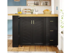 Outlet Merax Balcão de cozinha extensível com rodízios - 135-228 x 39 x 104 cm - com 2 portas + 3 gavetas - MDF + metal - Preto