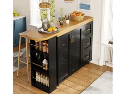 Outlet Merax Balcão de cozinha extensível com rodízios - 135-228 x 39 x 104 cm - com 2 portas + 3 gavetas - MDF + metal - Preto