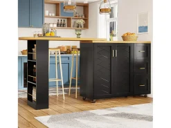 Outlet Merax Balcão de cozinha extensível com rodízios - 135-228 x 39 x 104 cm - com 2 portas + 3 gavetas - MDF + metal - Preto