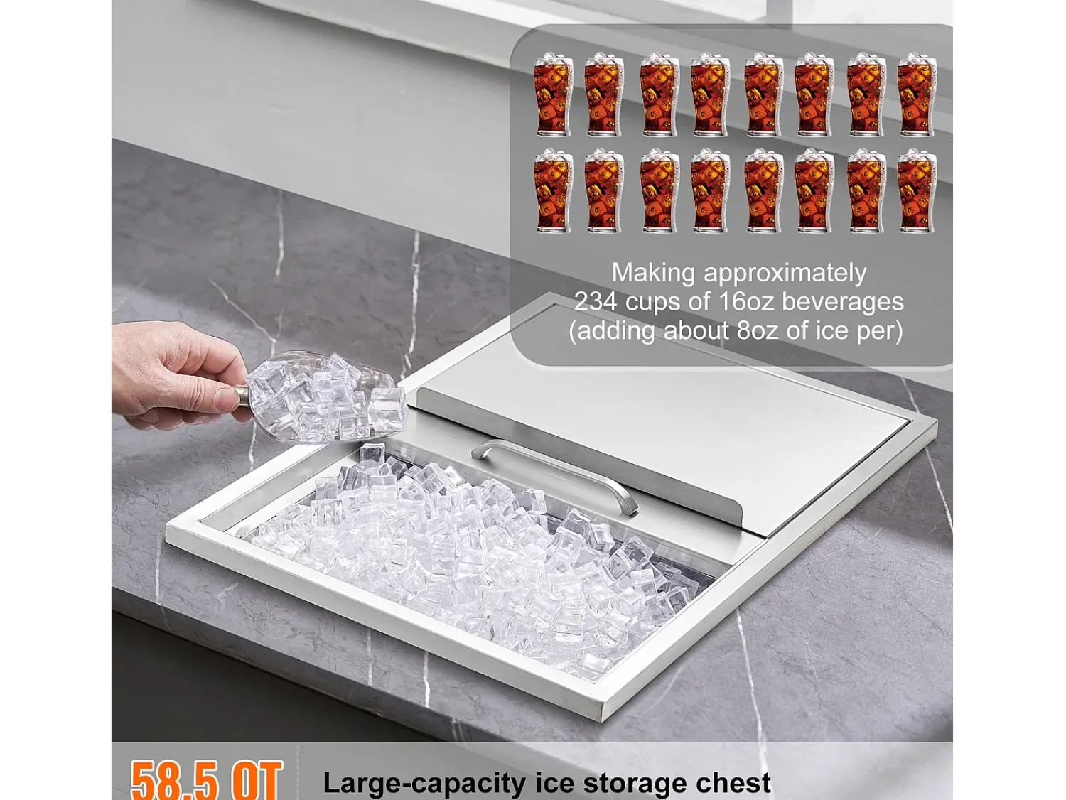 Balde de Gelo SucceBuy, 55,23 L, 61x46x33 cm, Geladeira de Aço Inoxidável com Tampa Deslizante, para Cozinha Exterior Vinho Cerveja^ Acessório Vinho E Bar