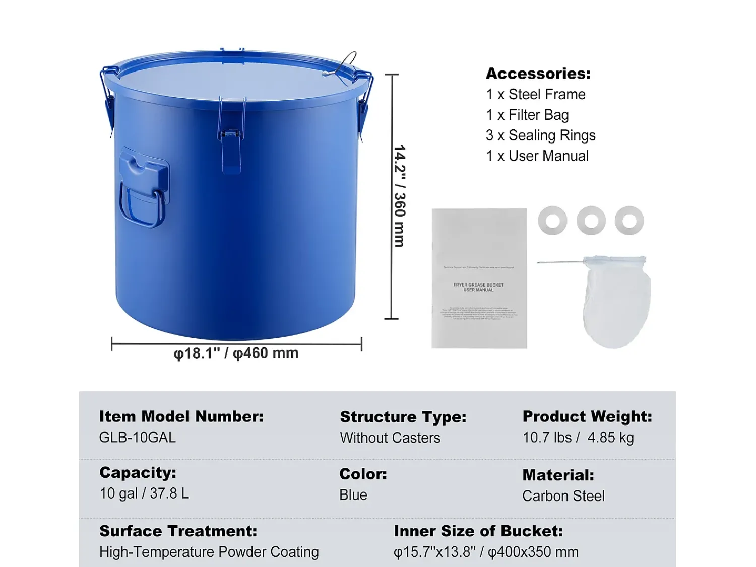 Acessório Vinho E Bar* Balde de Graxa SucceBuy para Frigideira, 37 L, Bacio de Óleo com Bolsa Filtro, , Aço Carbono com Revestimento Antiferrugem Azul