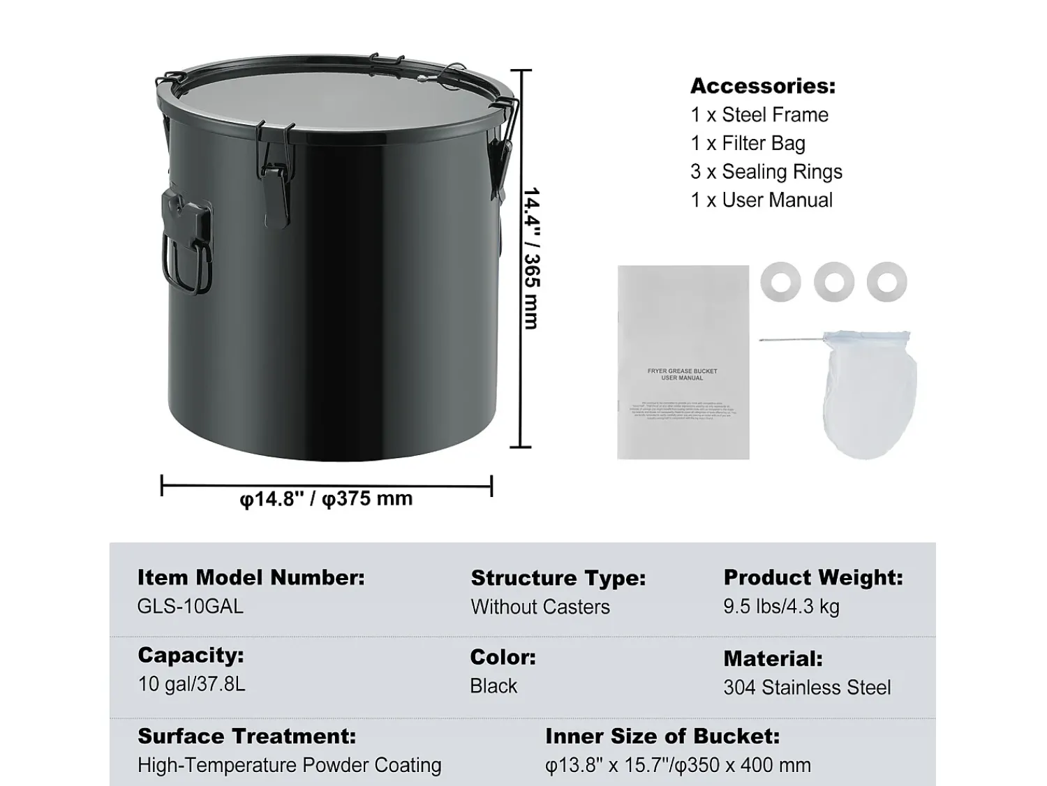 Balde de Graxa SucceBuy para Frigideira, Balde de 37 L com Bolsa Filtro, , Aço Carbono com Revestimento Antiferrugem Preto