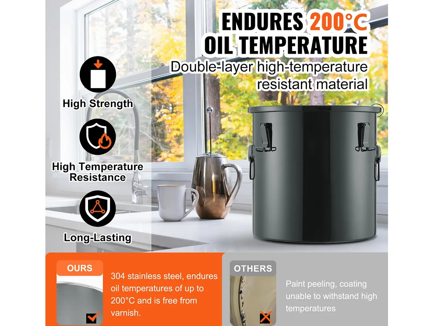 Balde de Graxa SucceBuy para Frigideira, Balde de 37 L com Bolsa Filtro, , Aço Carbono com Revestimento Antiferrugem Preto