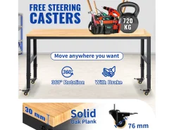 Consola| Bancada de Oficina Ajustável SucceBuy, 155x51x105 cm, Altura Ajustável 80-105 cm, com 4 Rodízios para Reparação e Bricolagem Castanho