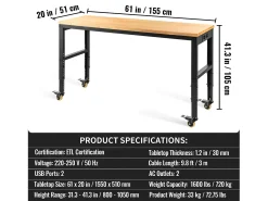 Consola| Bancada de Oficina Ajustável SucceBuy, 155x51x105 cm, Altura Ajustável 80-105 cm, com 4 Rodízios para Reparação e Bricolagem Castanho