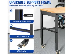 Consola| Bancada de Oficina Ajustável SucceBuy, 155x51x105 cm, Altura Ajustável 80-105 cm, com 4 Rodízios para Reparação e Bricolagem Castanho
