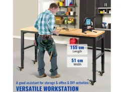 Consola| Bancada de Oficina Ajustável SucceBuy, 155x51x105 cm, Altura Ajustável 80-105 cm, com 4 Rodízios para Reparação e Bricolagem Castanho