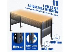 Consola| Bancada de Oficina Ajustável SucceBuy, 155x51x105 cm, Altura Ajustável 80-105 cm, com 4 Rodízios para Reparação e Bricolagem Castanho