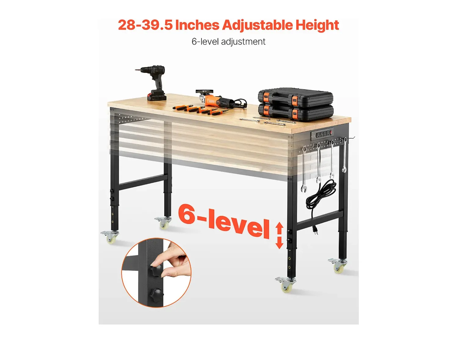 Mesa De Centro| Bancada de Oficina SucceBuy, 152,4 cm, Mesa de Trabalho com Rodízios e Altura Ajustável, Capacidade de Carga 907,2 kg, em Carvalho para Escritório, Casa Multicor