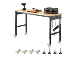 Mesa De Centro| Bancada de Oficina SucceBuy, 152,4 cm, Mesa de Trabalho com Rodízios e Altura Ajustável, Capacidade de Carga 907,2 kg, em Carvalho para Escritório, Casa Multicor