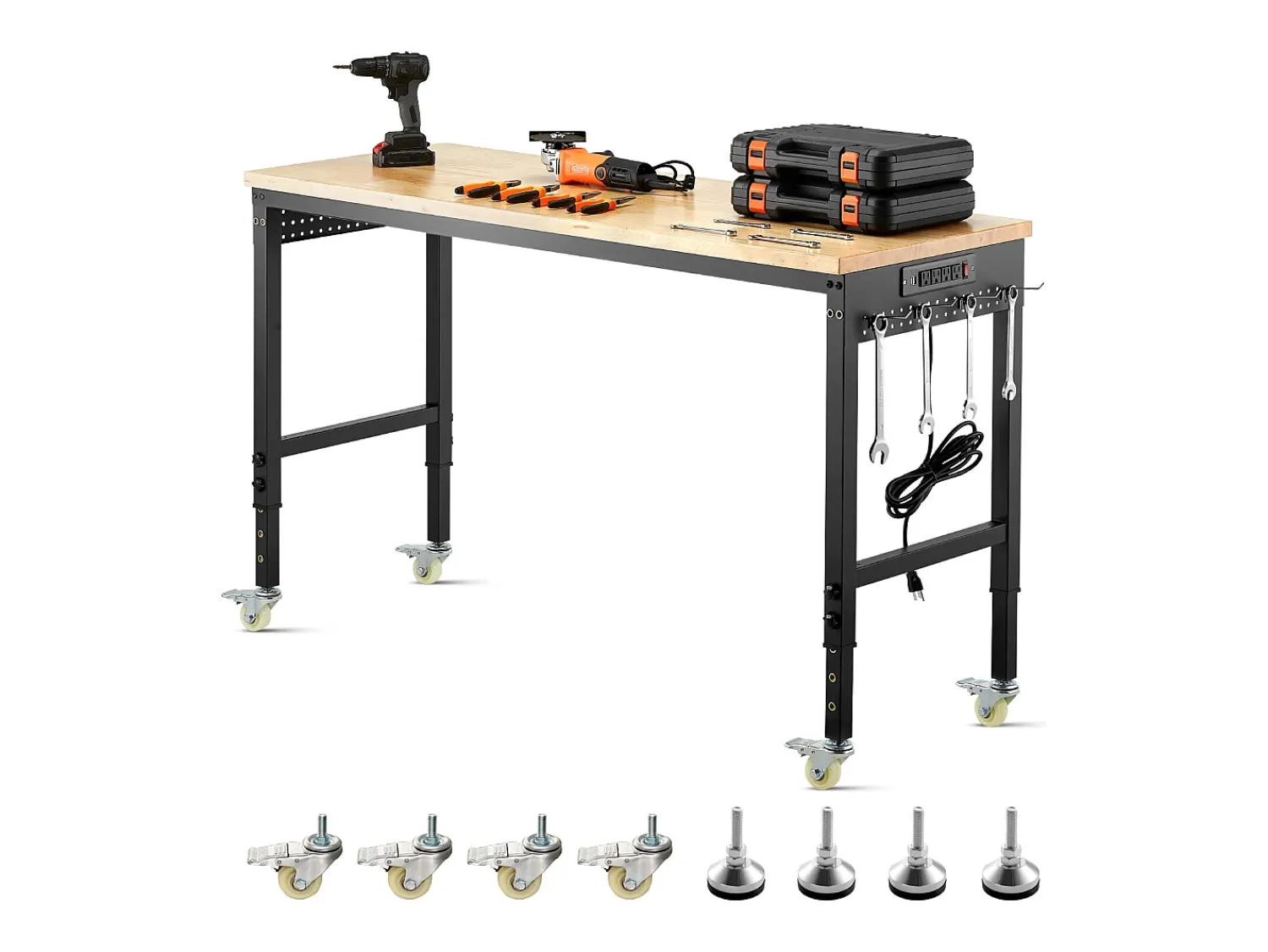 Mesa De Centro| Bancada de Oficina SucceBuy, 152,4 cm, Mesa de Trabalho com Rodízios e Altura Ajustável, Capacidade de Carga 907,2 kg, em Carvalho para Escritório, Casa Multicor