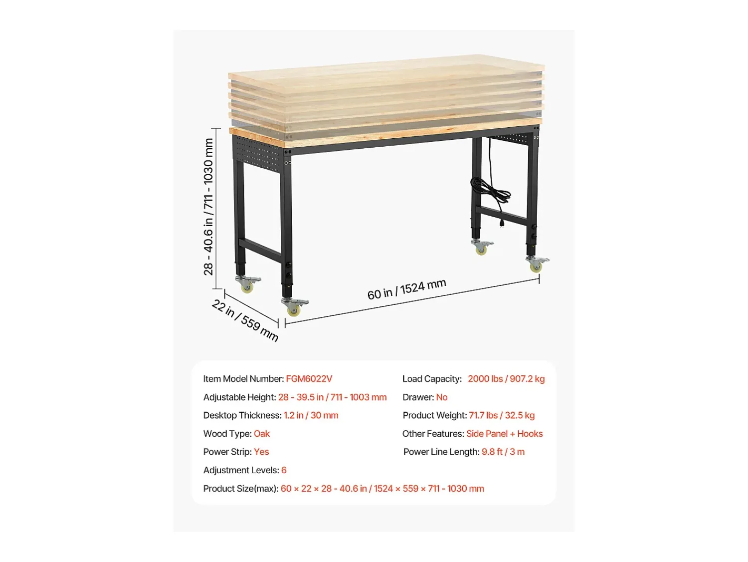Mesa De Centro| Bancada de Oficina SucceBuy, 152,4 cm, Mesa de Trabalho com Rodízios e Altura Ajustável, Capacidade de Carga 907,2 kg, em Carvalho para Escritório, Casa Multicor
