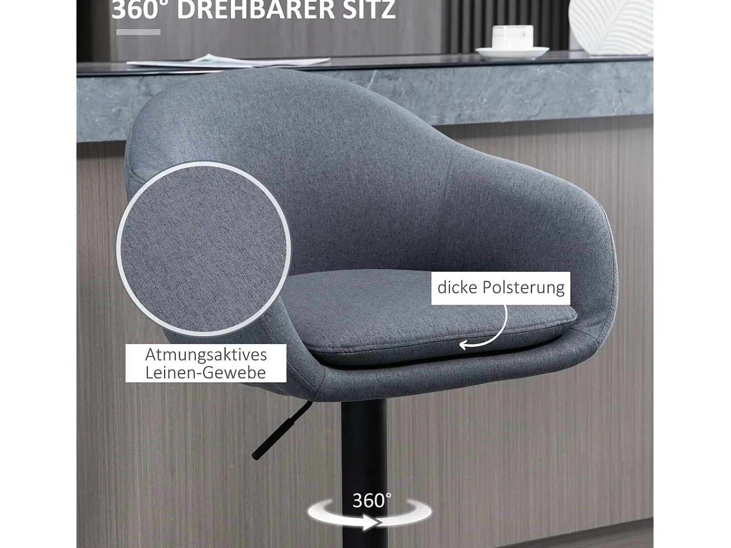 Banco| Banco alto, regulável em altura, com encosto e apoio para os pés, efeito linho, 112 cm de altura, cinza Cinzento