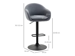 Banco| Banco alto, regulável em altura, com encosto e apoio para os pés, efeito linho, 112 cm de altura, cinza Cinzento