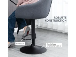 Banco| Banco alto, regulável em altura, com encosto e apoio para os pés, efeito linho, 112 cm de altura, cinza Cinzento