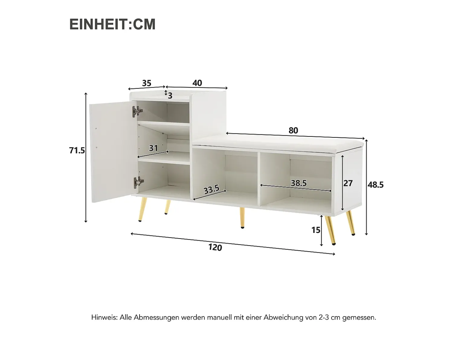 Móvel De Arrumação|Sapateira|Merax Banco de sapatos com 1 porta, 2 nichos e almofada - pés e puxadores de metal dourado - - 120 x 35 x 68,5 cm Branco