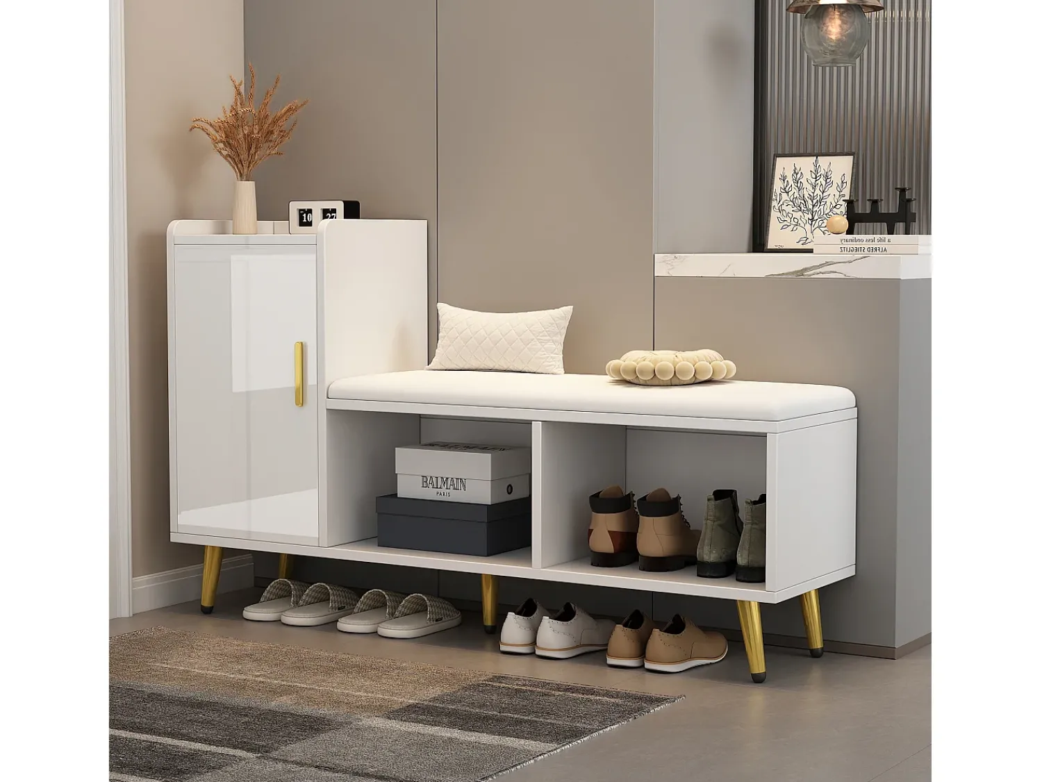 Móvel De Arrumação|Sapateira|Merax Banco de sapatos com 1 porta, 2 nichos e almofada - pés e puxadores de metal dourado - - 120 x 35 x 68,5 cm Branco