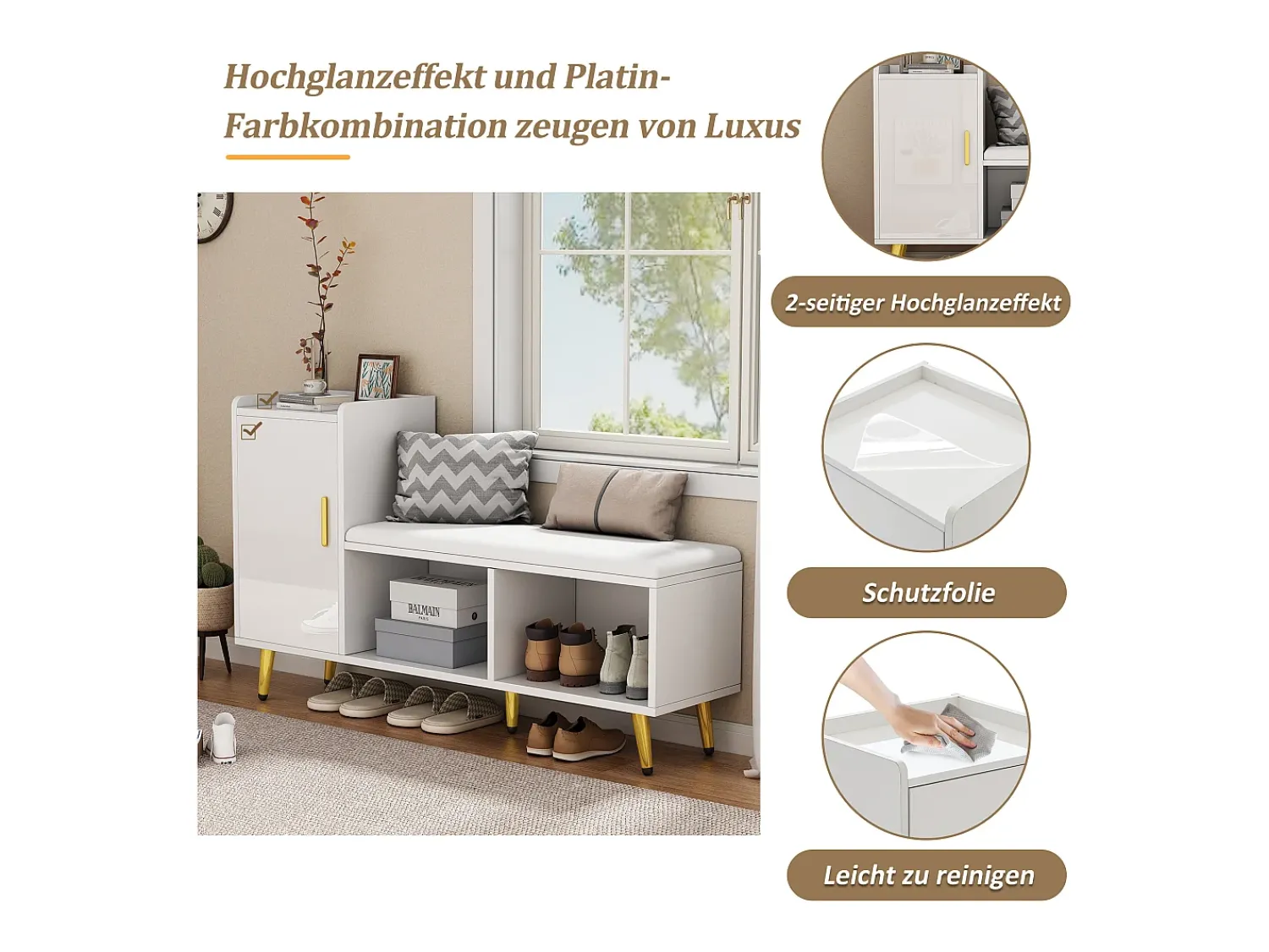 Móvel De Arrumação|Sapateira|Merax Banco de sapatos com 1 porta, 2 nichos e almofada - pés e puxadores de metal dourado - - 120 x 35 x 68,5 cm Branco