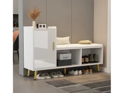 Móvel De Arrumação|Sapateira|Merax Banco de sapatos com 1 porta, 2 nichos e almofada - pés e puxadores de metal dourado - - 120 x 35 x 68,5 cm Branco