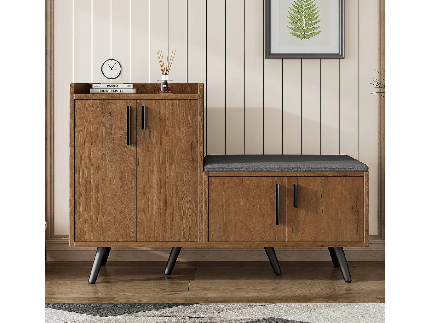 Móvel De Arrumação|Sapateira|Merax Banco de sapatos moderno com 4 portas e almofada - pernas e puxadores de metal - cor natural - 120 x 34 x 82 cm Natural claro