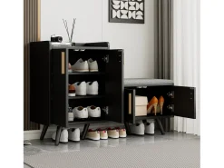 Merax Banco de sapatos moderno com 4 portas e almofada - pernas e puxadores de metal - cor preta - 120 x 34 x 82 cm^ Móvel De Arrumação|Sapateira