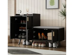 Merax Banco de sapatos moderno com 4 portas e almofada - pernas e puxadores de metal - cor preta - 120 x 34 x 82 cm^ Móvel De Arrumação|Sapateira