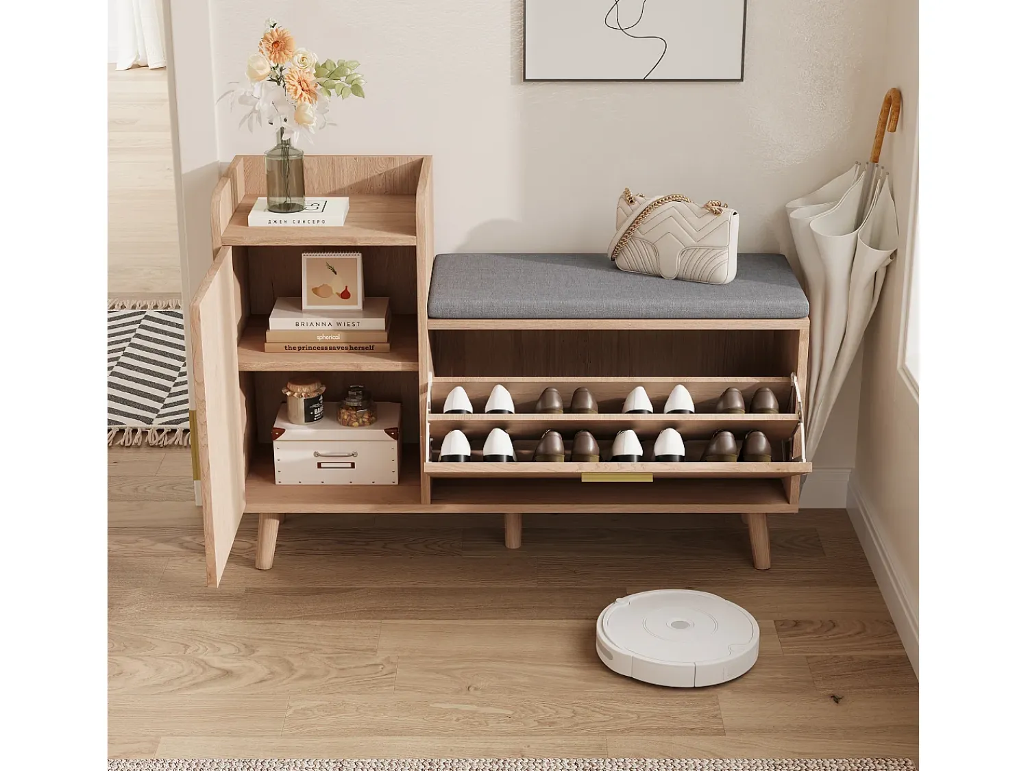 New Banco para sapatos de entrada, armário para sapatos com espaço de armazenamento e assento acolchoado, 100 x 30 x 69,5 cm Natural claro