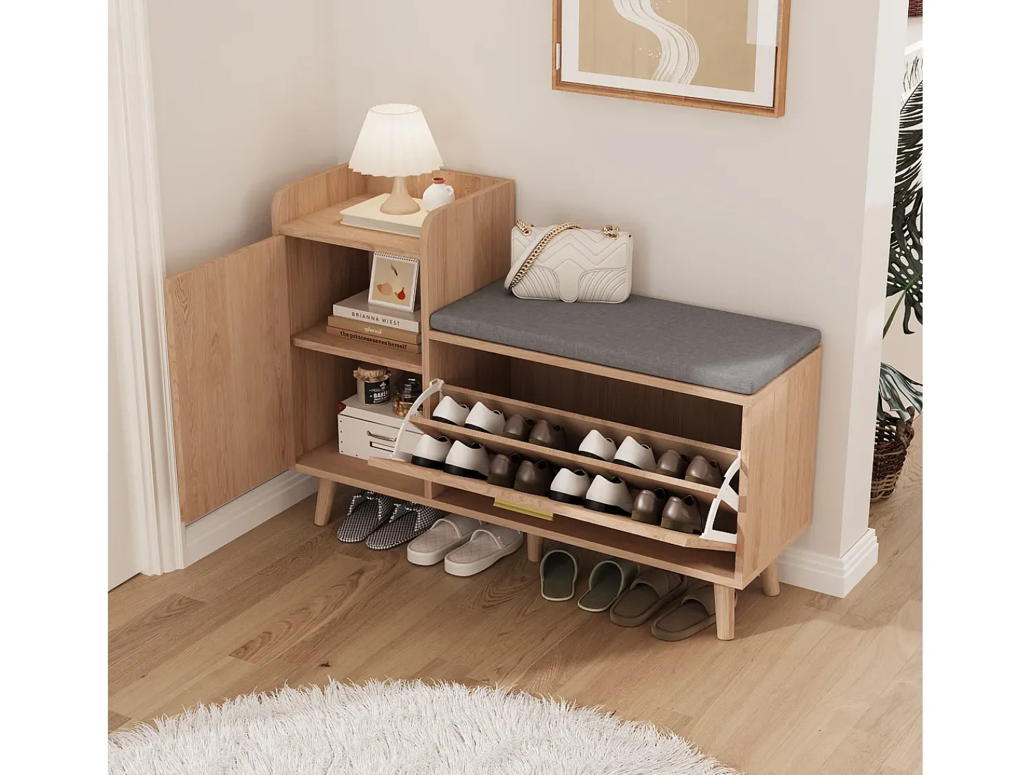 New Banco para sapatos de entrada, armário para sapatos com espaço de armazenamento e assento acolchoado, 100 x 30 x 69,5 cm Natural claro