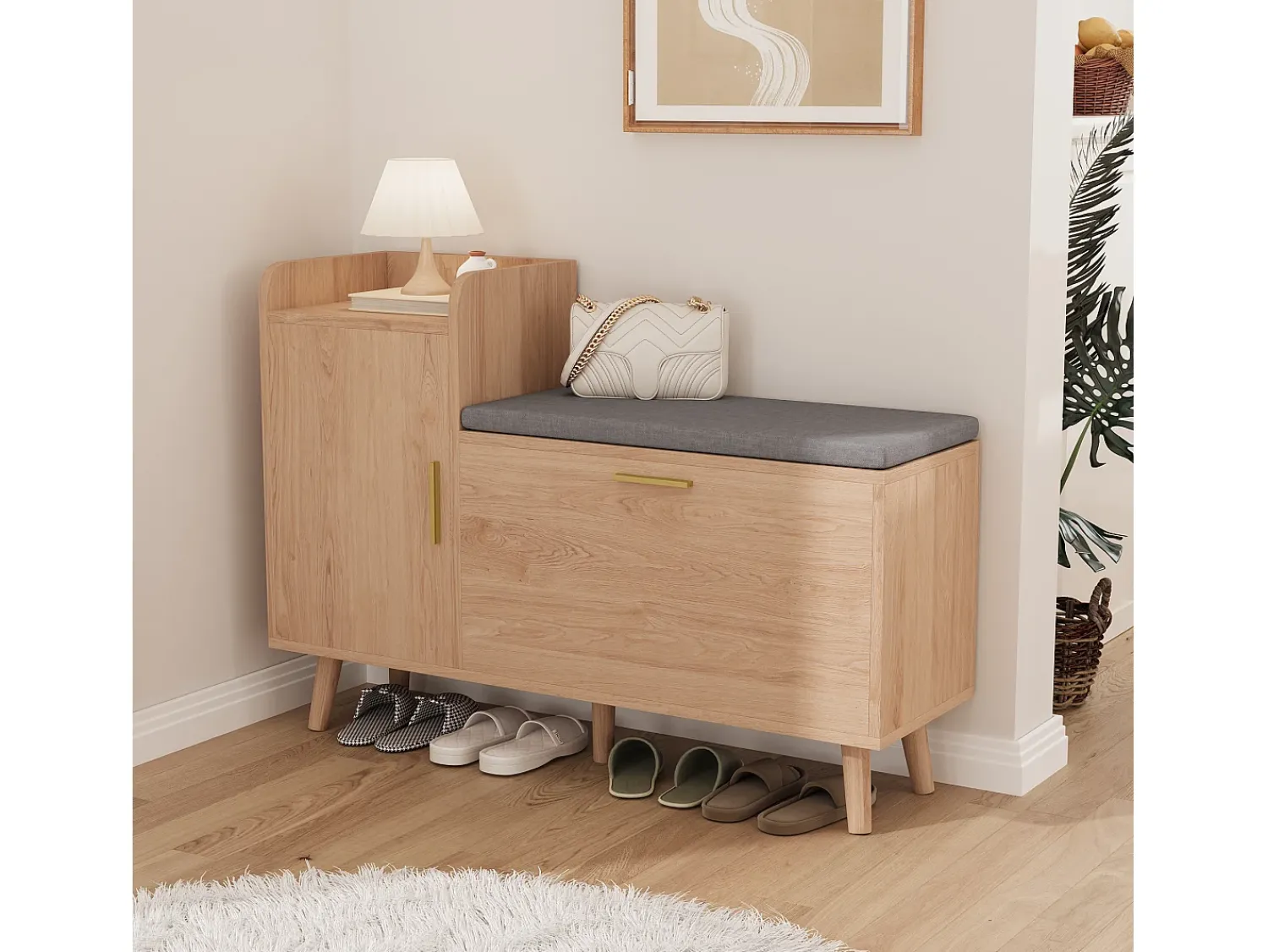 New Banco para sapatos de entrada, armário para sapatos com espaço de armazenamento e assento acolchoado, 100 x 30 x 69,5 cm Natural claro