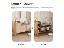 New Banco para sapatos de entrada, armário para sapatos com espaço de armazenamento e assento acolchoado, 100 x 30 x 69,5 cm Natural claro