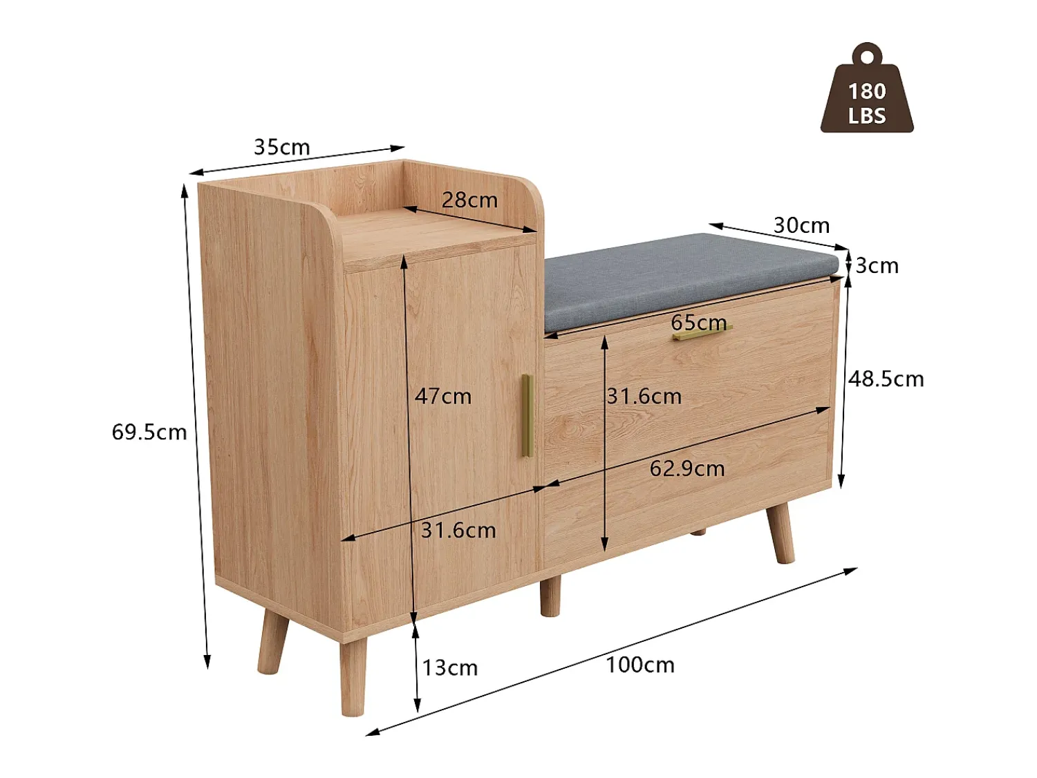 New Banco para sapatos de entrada, armário para sapatos com espaço de armazenamento e assento acolchoado, 100 x 30 x 69,5 cm Natural claro