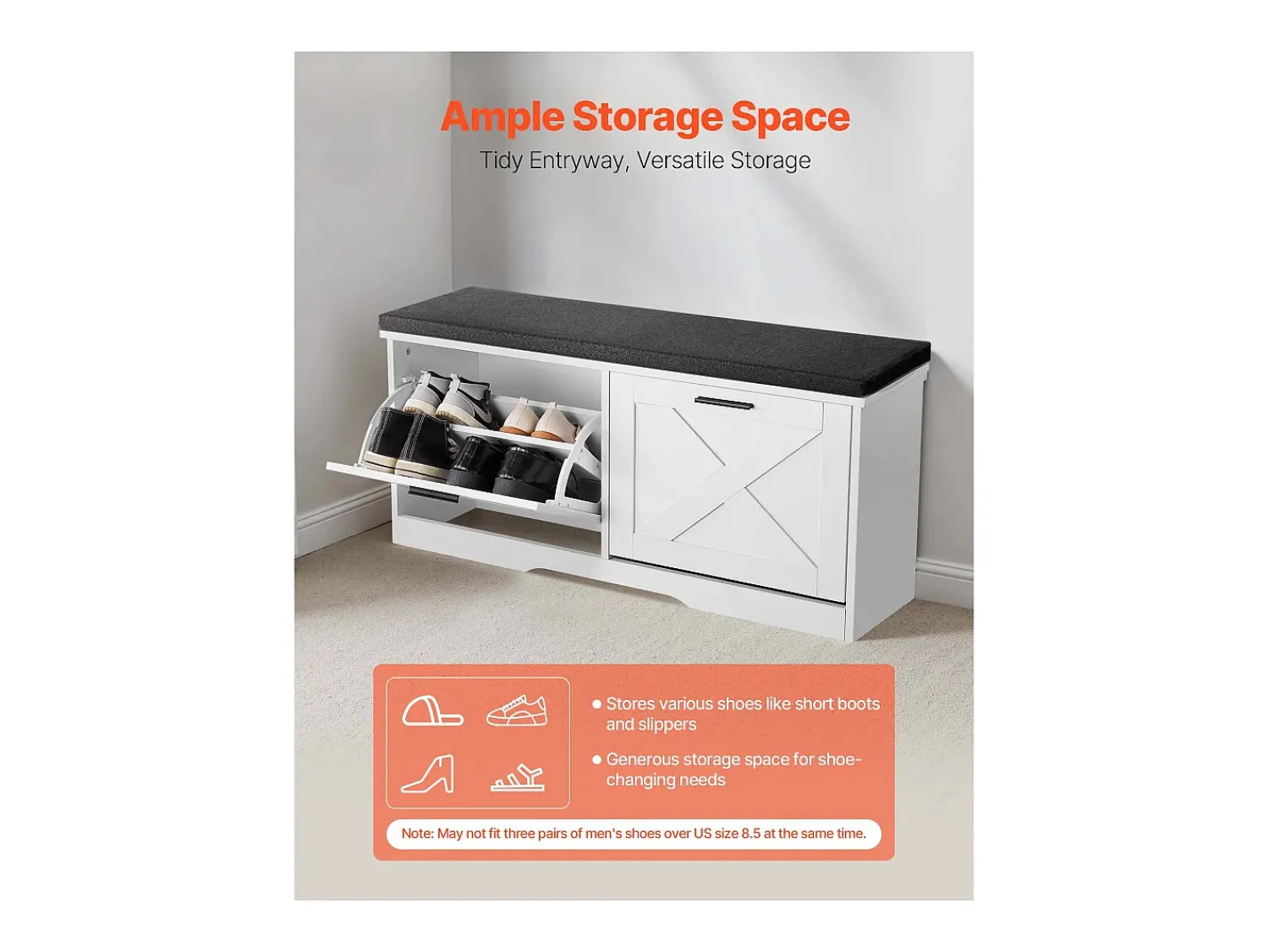 Hot Banco para Sapatos de Entrada SucceBuy 100x30.5x47.5 cm, Banco Armazenamento com Gavetas Dobráveis, Almofada e Portas Abatíveis, 199,6 kg, Sapat estreito Branco