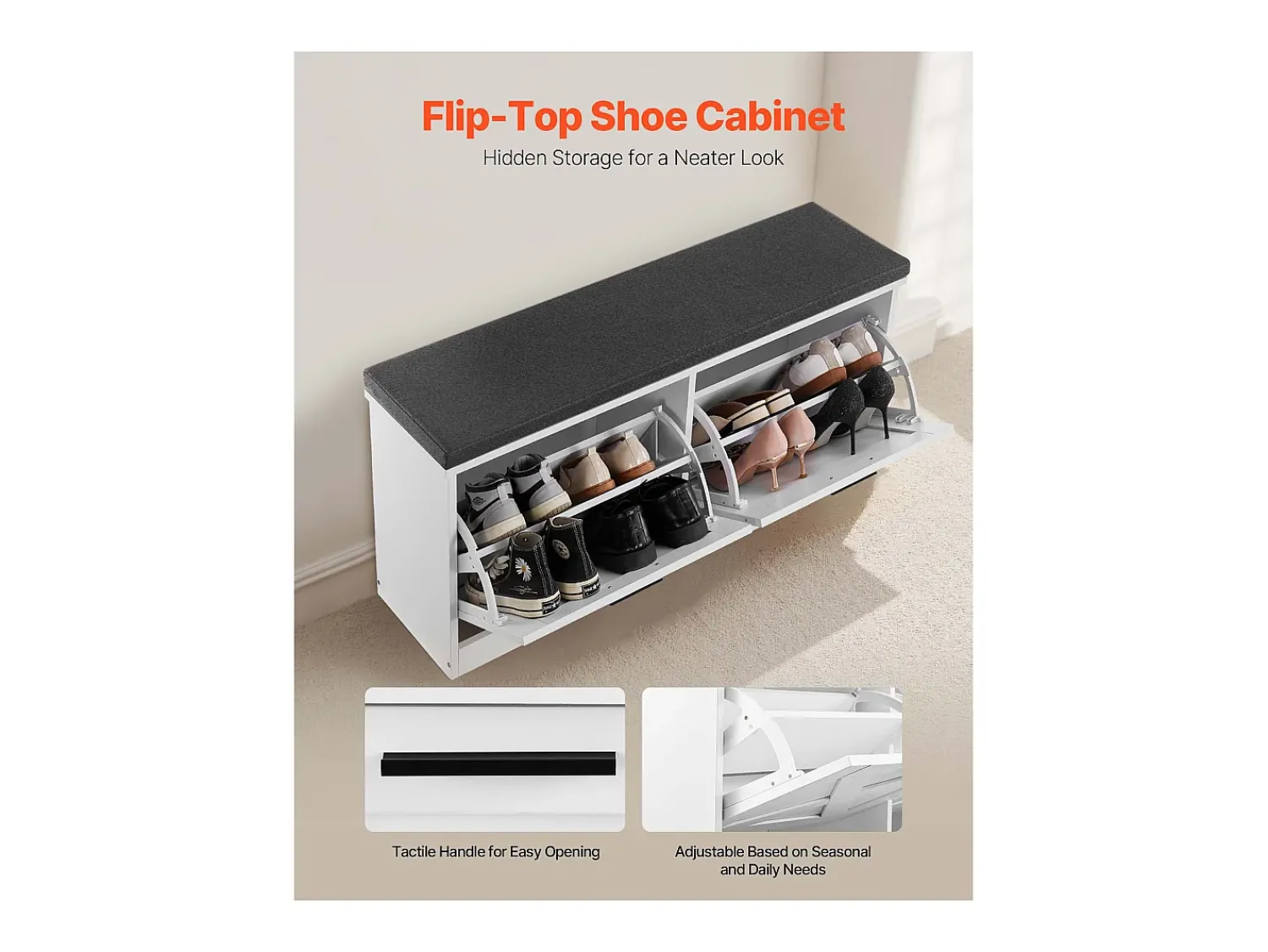 Hot Banco para Sapatos de Entrada SucceBuy 100x30.5x47.5 cm, Banco Armazenamento com Gavetas Dobráveis, Almofada e Portas Abatíveis, 199,6 kg, Sapat estreito Branco