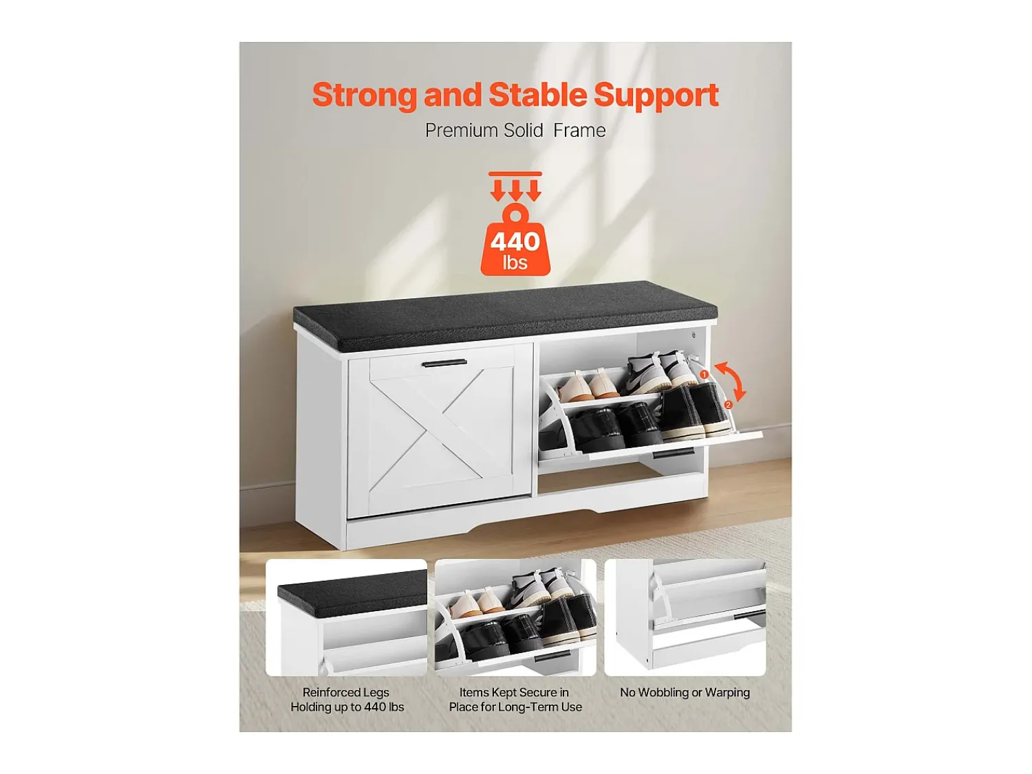 Hot Banco para Sapatos de Entrada SucceBuy 100x30.5x47.5 cm, Banco Armazenamento com Gavetas Dobráveis, Almofada e Portas Abatíveis, 199,6 kg, Sapat estreito Branco
