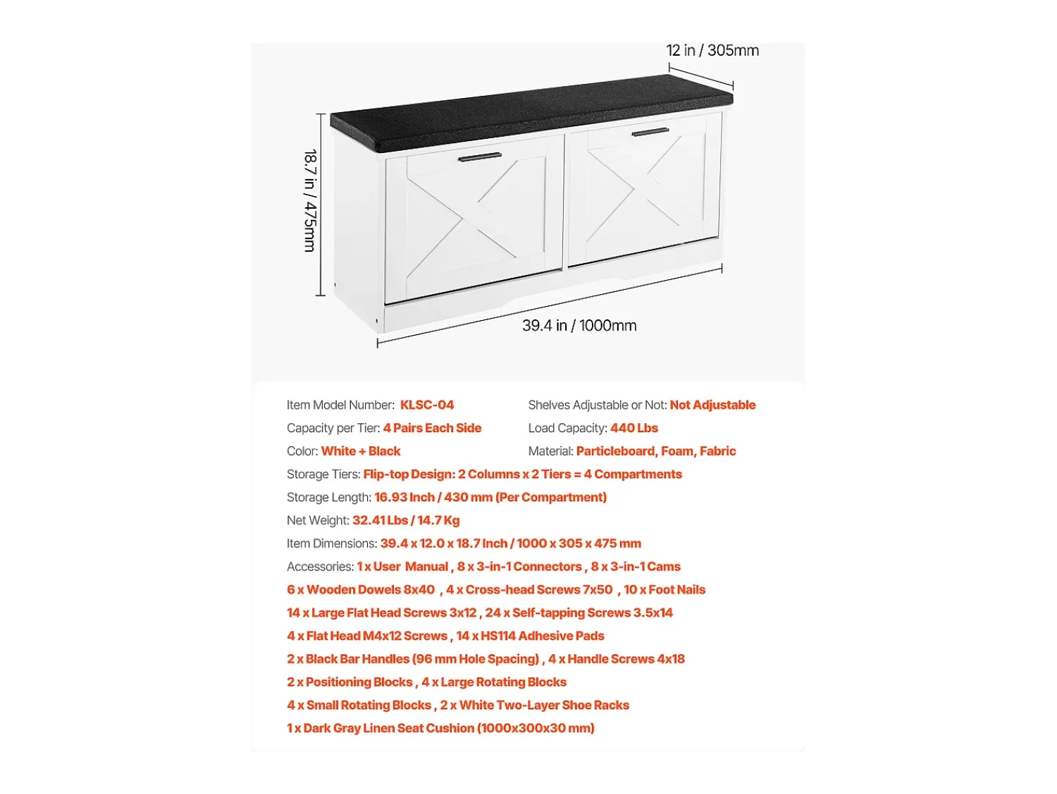 Hot Banco para Sapatos de Entrada SucceBuy 100x30.5x47.5 cm, Banco Armazenamento com Gavetas Dobráveis, Almofada e Portas Abatíveis, 199,6 kg, Sapat estreito Branco